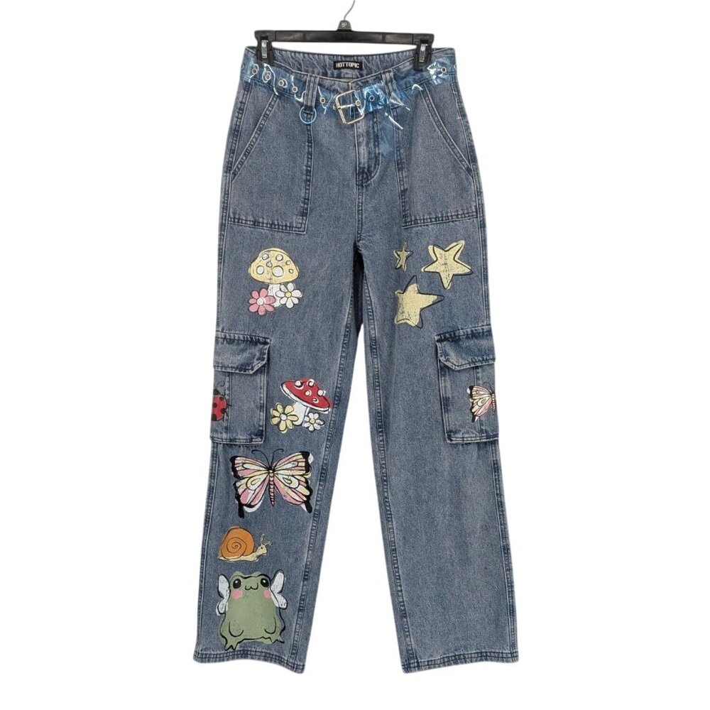 Patchwork Cargo Denim Pants Butterfly Mushroom Wi… - image 1